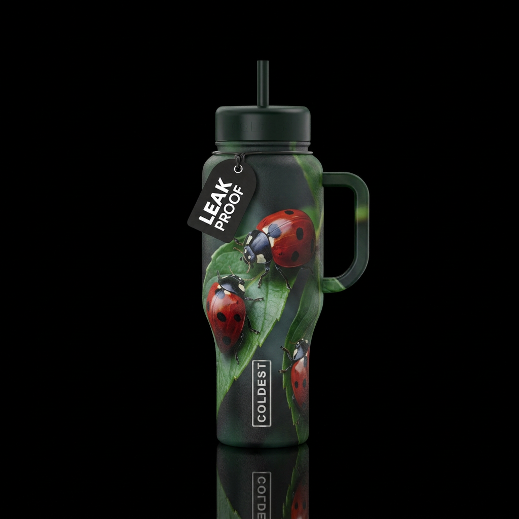 Deep red ladybugs on vibrant green leaves with a f... water bottle design