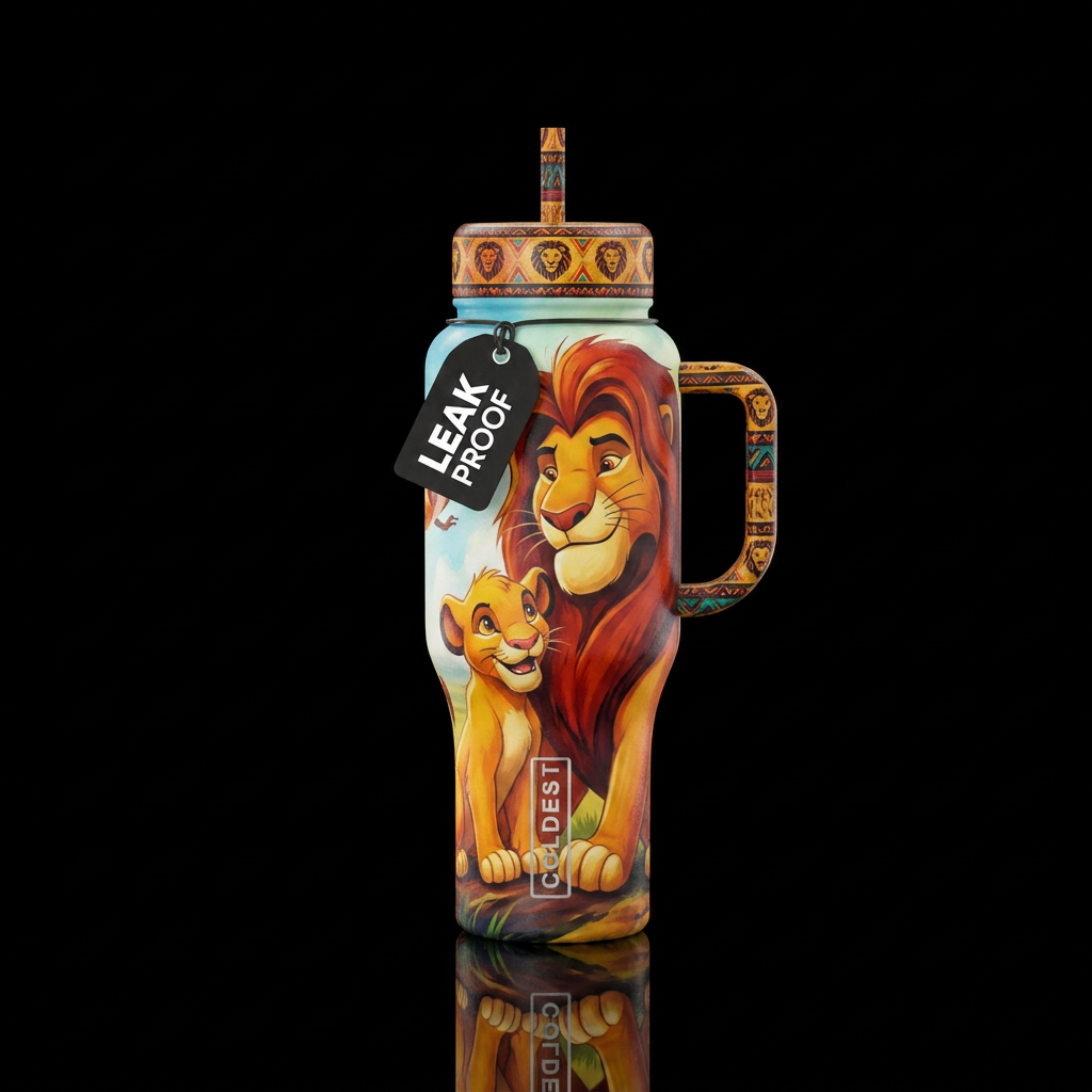 Mufasa and Simba lion king with design on handle a... water bottle design