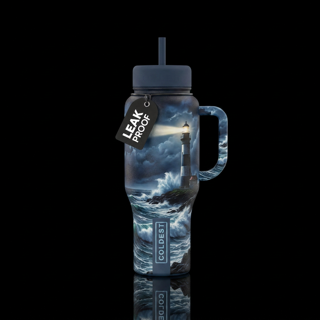 Lighthouse in ocean storm at night with design on ... water bottle design