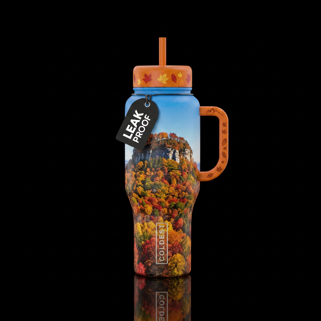 Pilot mt in the fall with design on handle and lid water bottle design