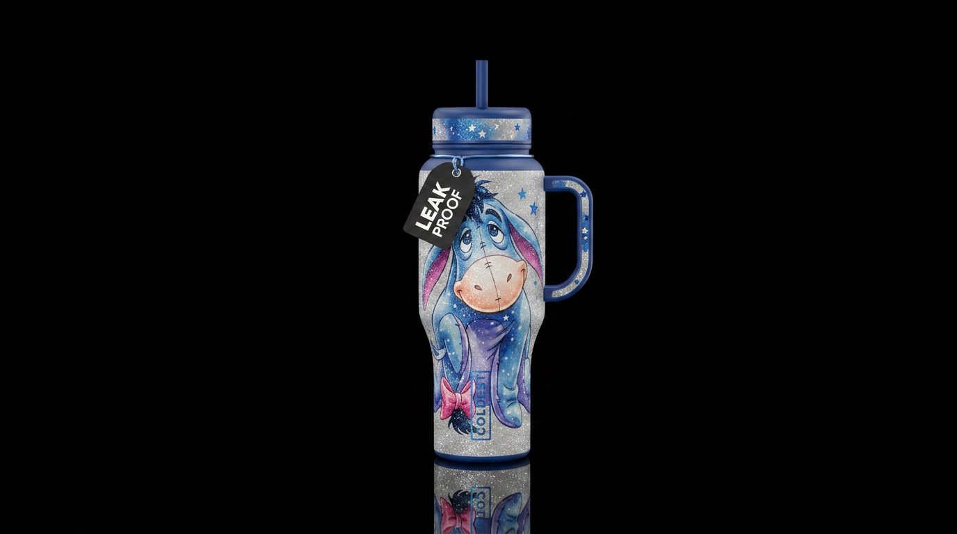 Eyore sparkling with design on handle and lid water bottle design