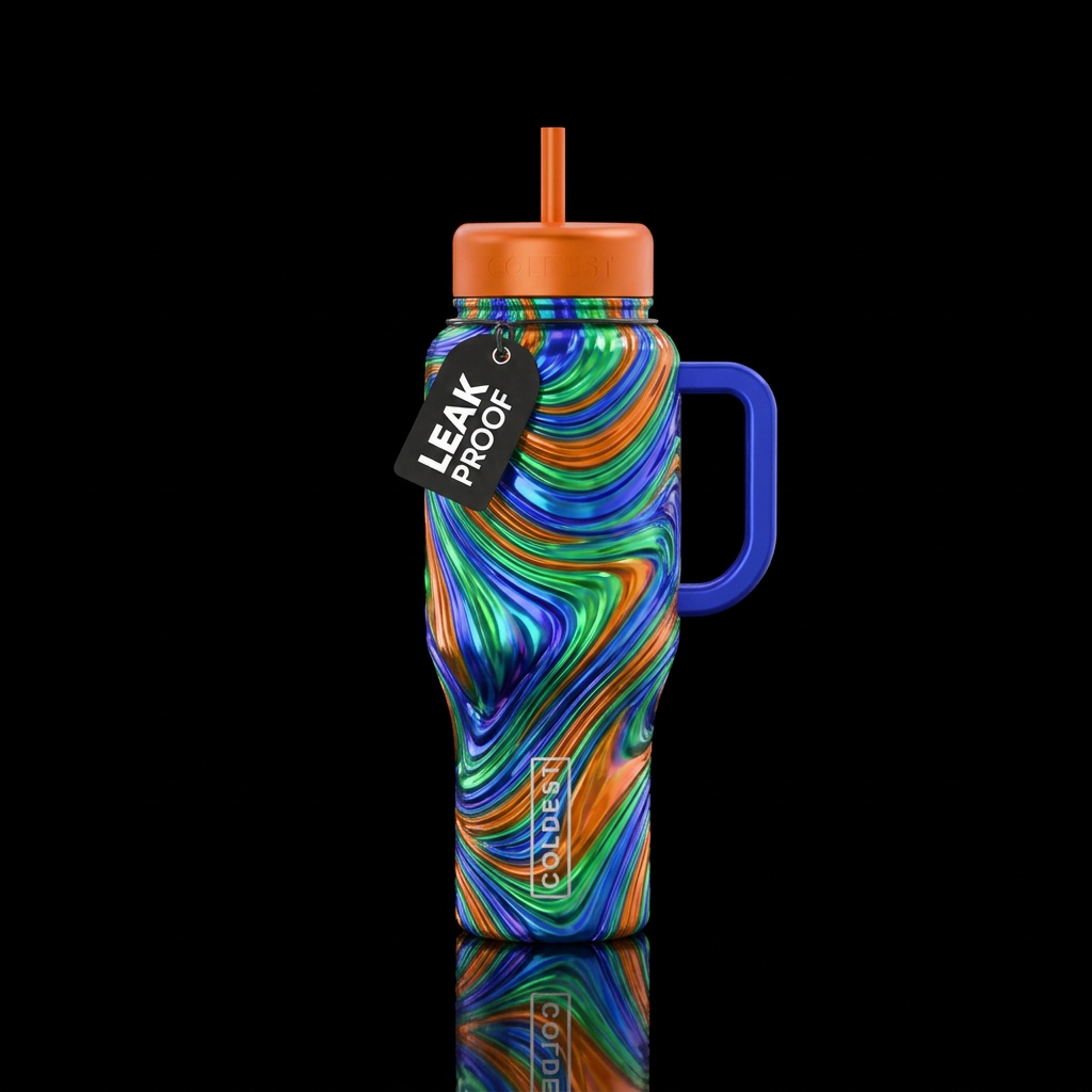 vibrant, shiny, neon, saffire, emerald, orange water bottle design