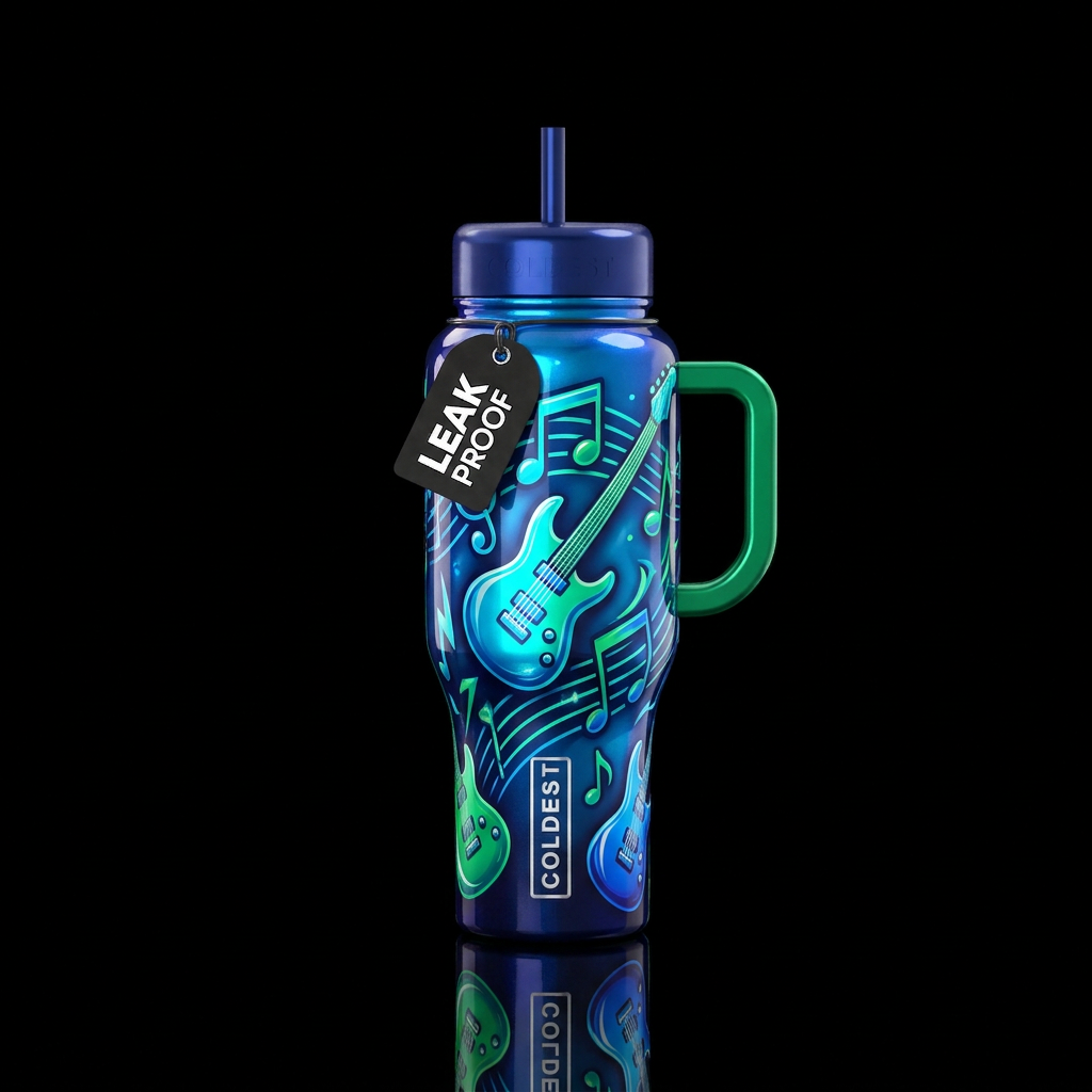 rock and roll, shiny, vibrant, guitar shaped music... water bottle design