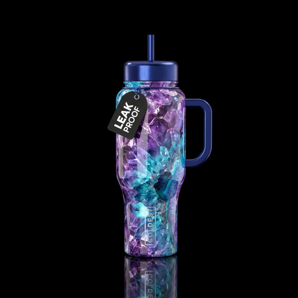 beautiul, shiny, vibrant, amethyst, cyan, sapphire water bottle design