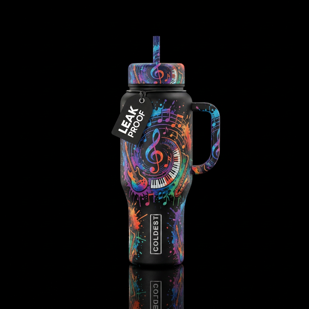 Splatter paint music notes and music instruments i... water bottle design