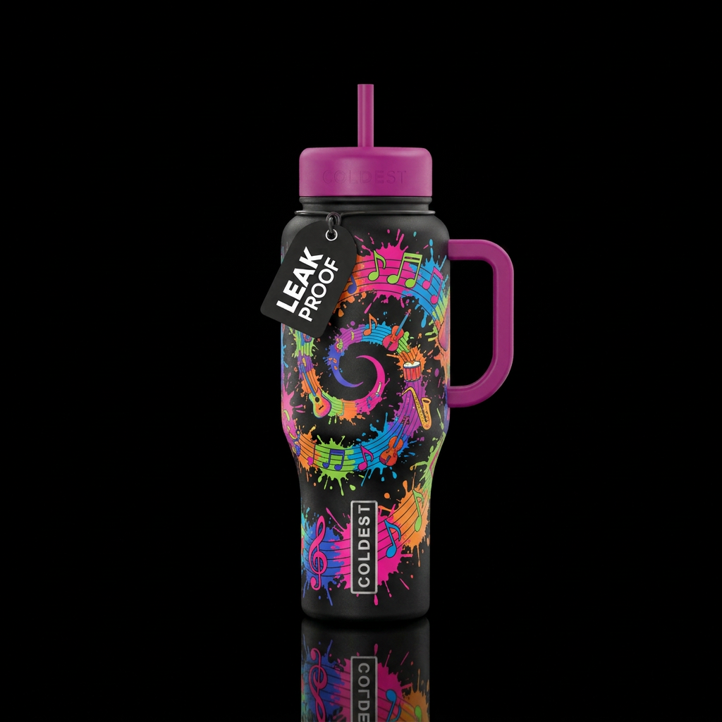 Splatter paint music notes and music instruments i... water bottle design