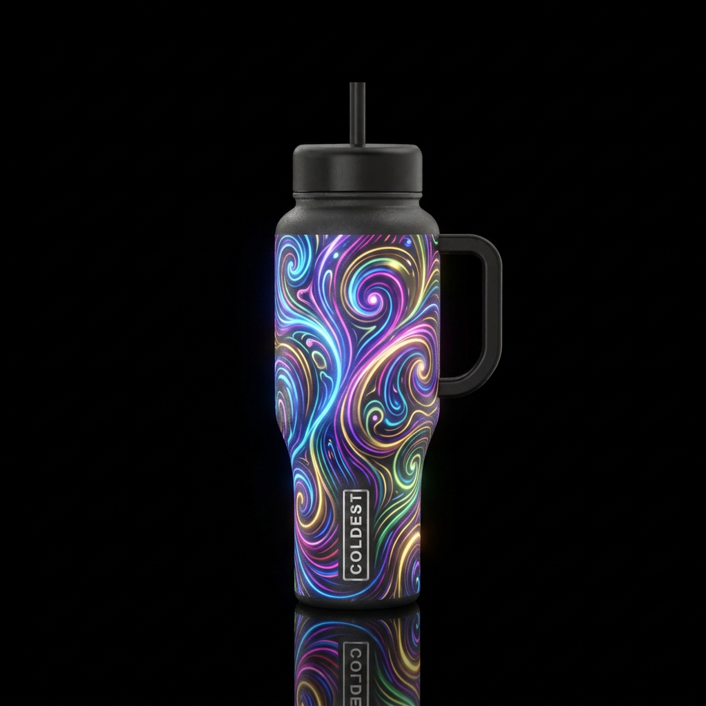 vibrant, artistic, beautiul, glowie water bottle design
