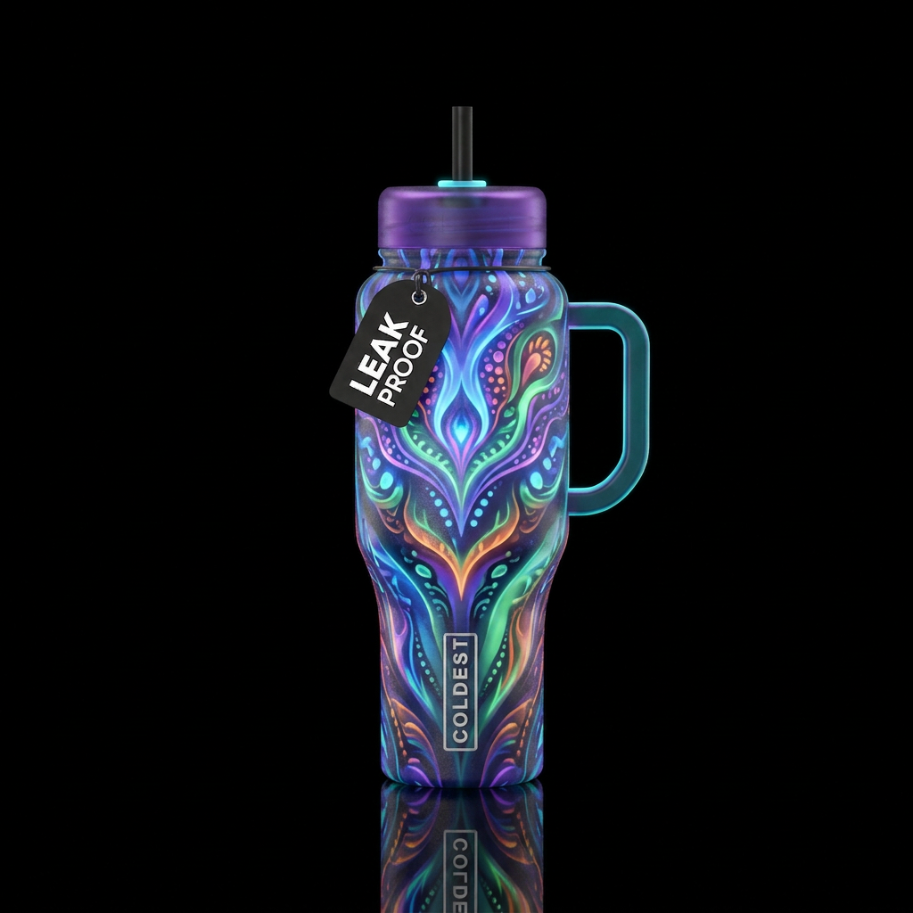 vibrant, artistic, beautiul, glowie water bottle design