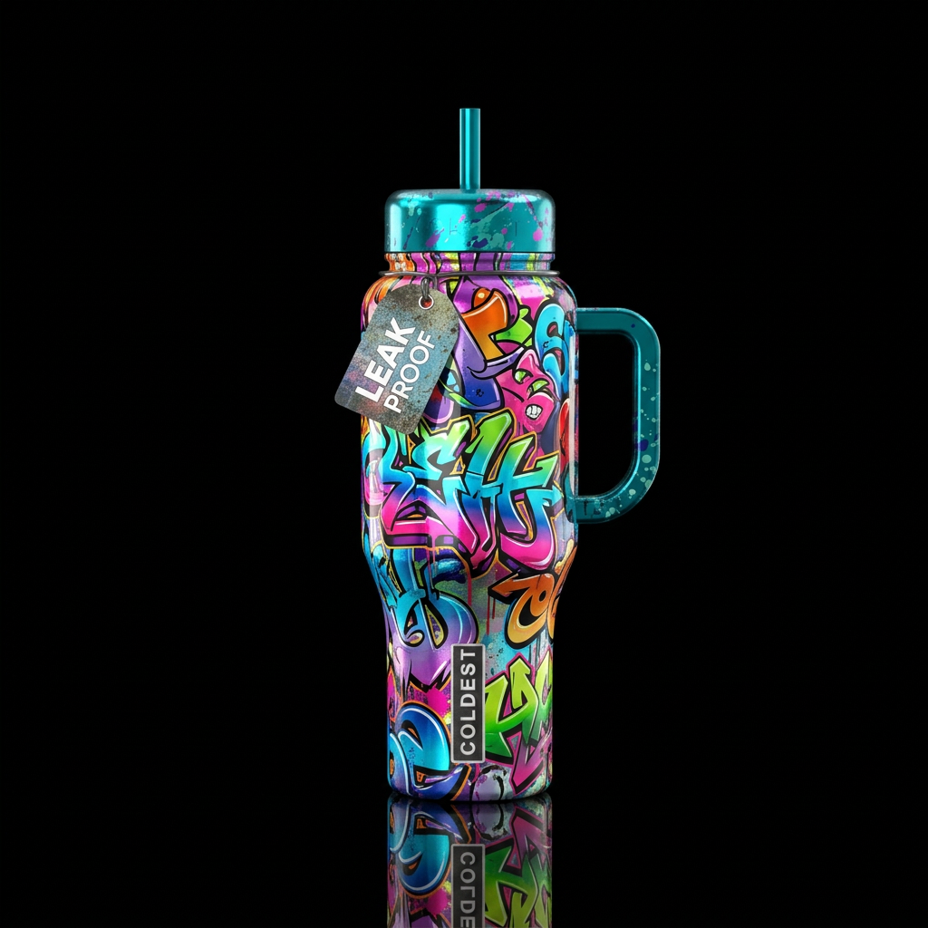 graffiti art, shiny, vibrant, splash paint with de... water bottle design