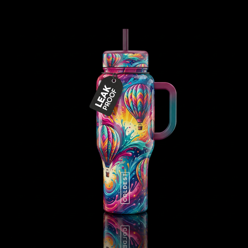 Hot air balloons, shiny, vibrant, beautiul splash ... water bottle design