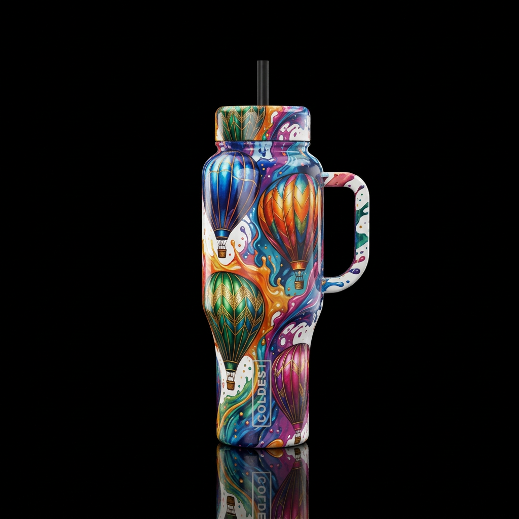 Hot air balloons, shiny, vibrant, beautiul splash ... water bottle design