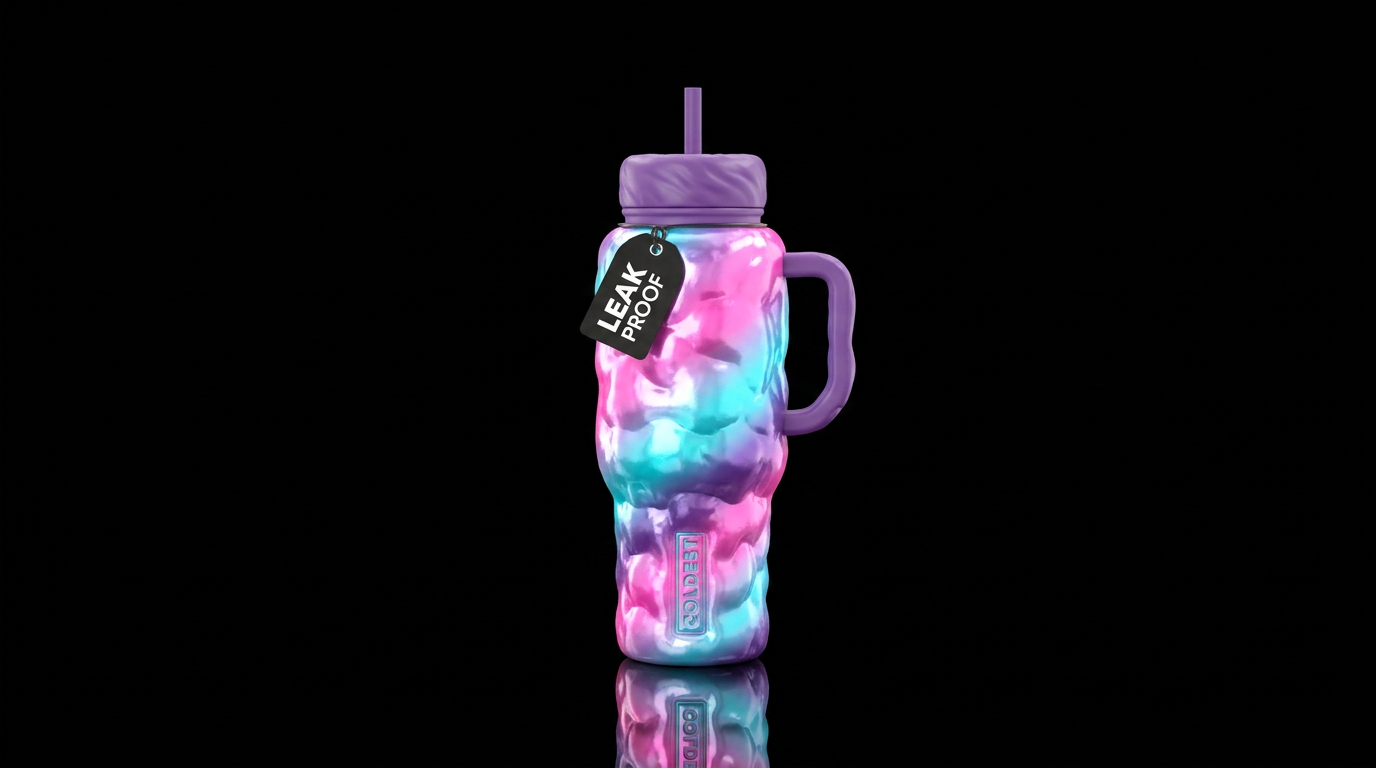 cotton candy, shiny, vibrant bright pink, cyan and... water bottle design