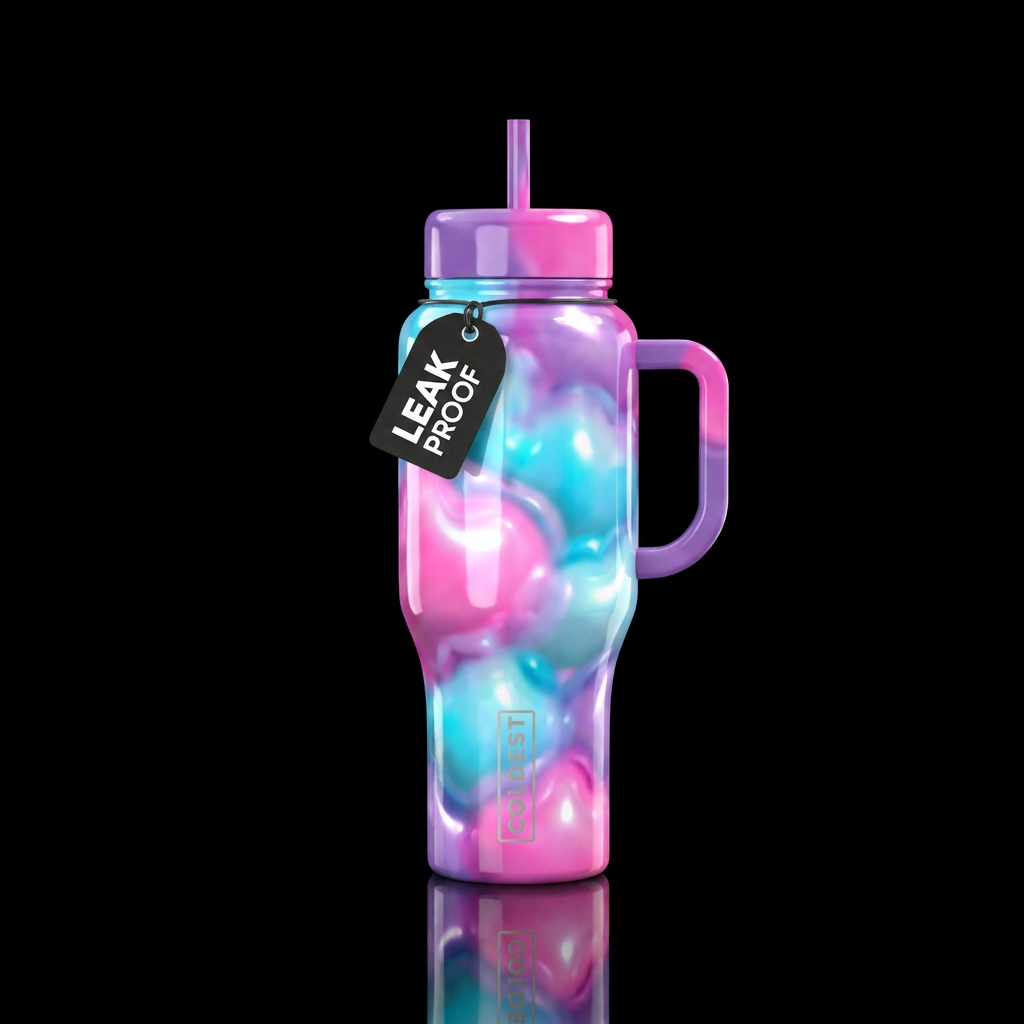 cotton candy, shiny, vibrant bright pink, cyan and... water bottle design