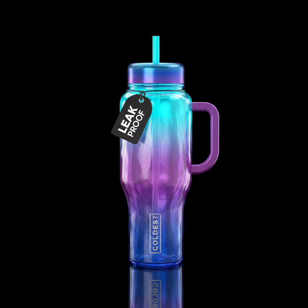 glass blowing, glowie, shiny, vibrant, cyan fading... water bottle design