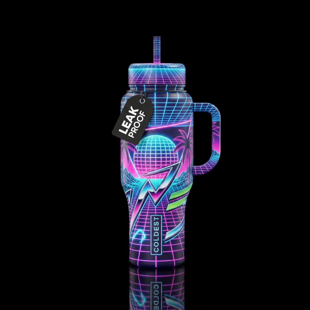 retro 80s, realism, electric, neon withsame colors... water bottle design