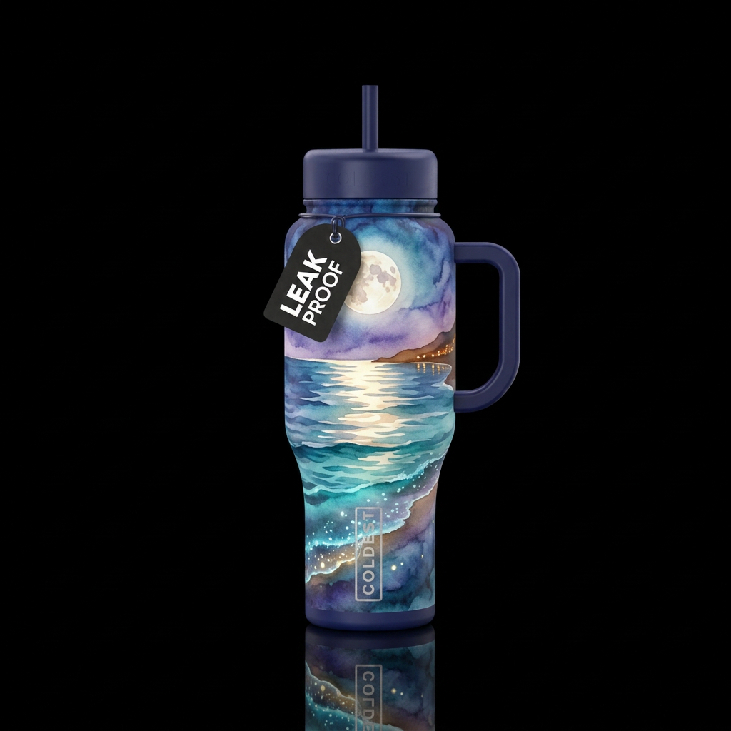 realism, artistic, seamless, moonlit over the ocea... water bottle design