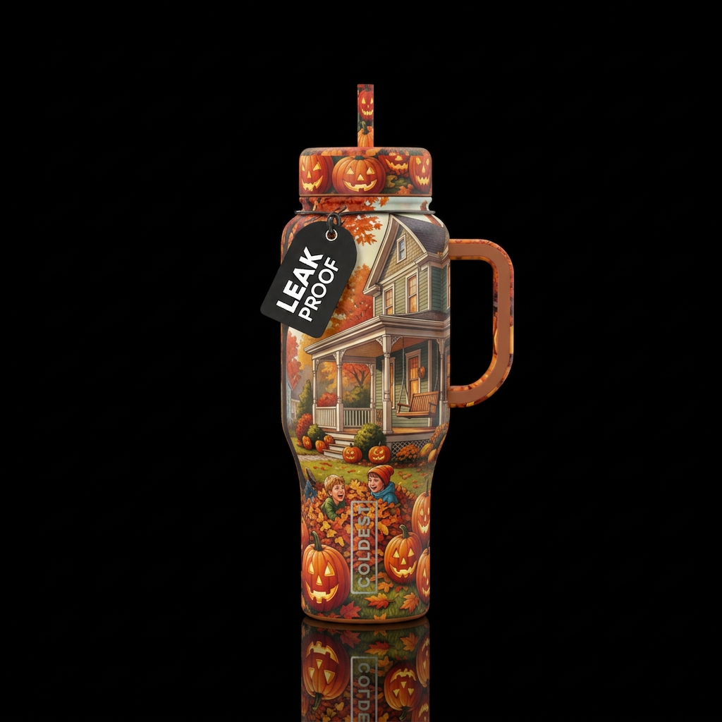 realism, seamless, autumn harvest, vibrant with aw... water bottle design