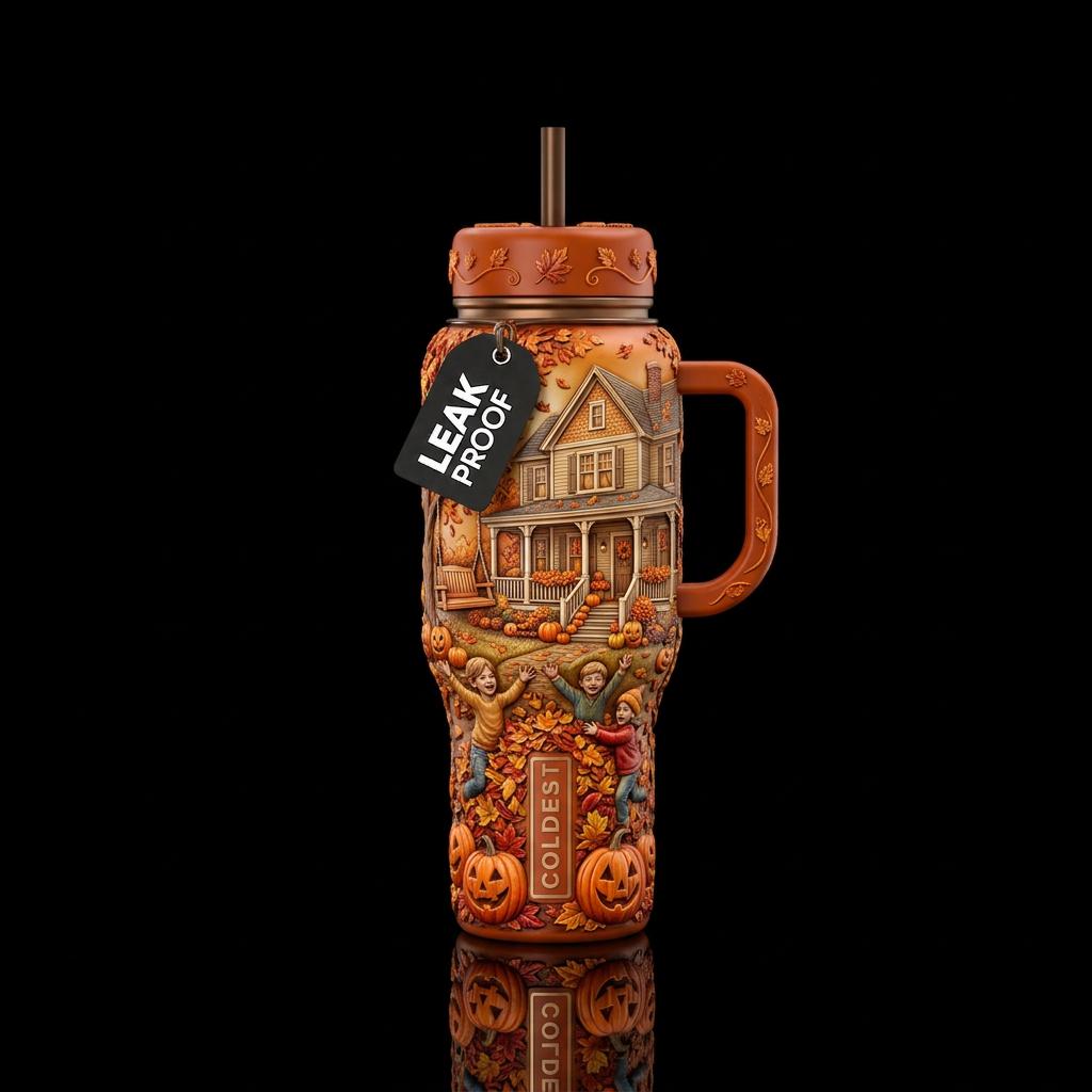 realism, seamless, autumn harvest, vibrant with aw... water bottle design