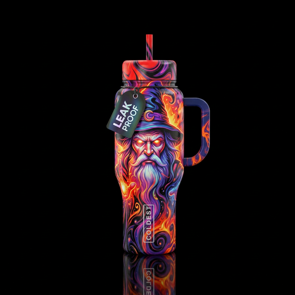 Mirlin the magician, psychedelic, vibrant, realism... water bottle design