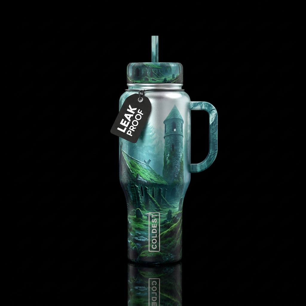 Nordic ancient ruins, patina, realism, foggy, seam... water bottle design