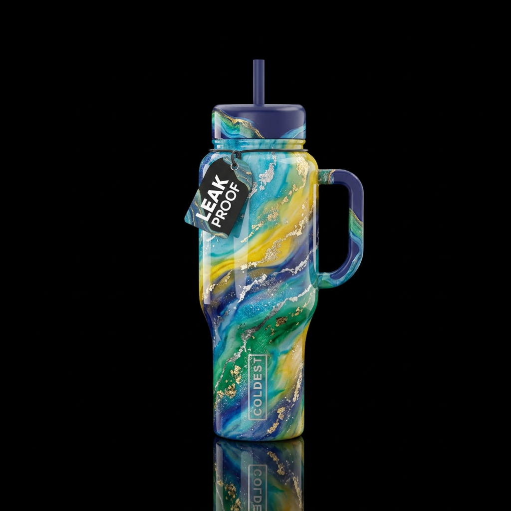 Resin art with colors of sea blue, sunny yellow, i... water bottle design
