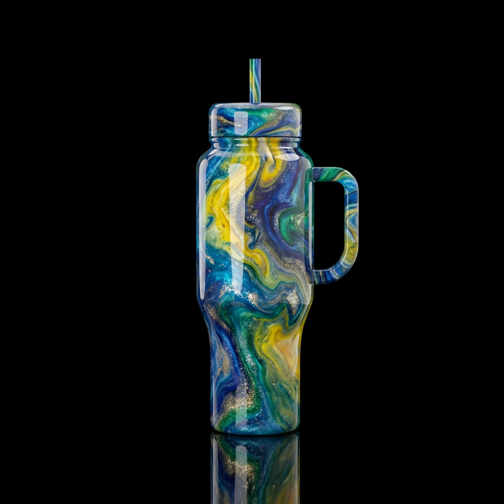 Resin art with colors of sea blue, sunny yellow, i... water bottle design