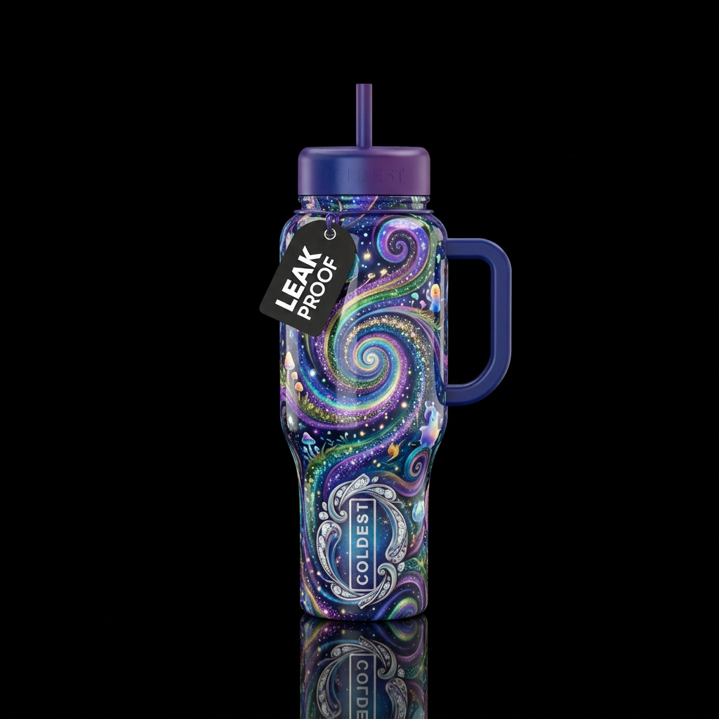 whimsical, realism, seamless, magical, peaceful, s... water bottle design