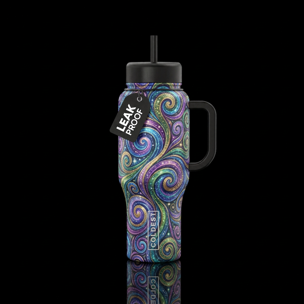 whimsical, realism, seamless, magical, peaceful, s... water bottle design