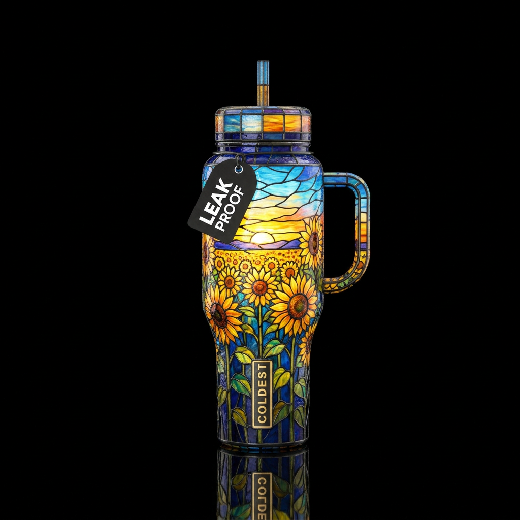 Stained glass, vibrant, shiny, sparkly, midnight b... water bottle design