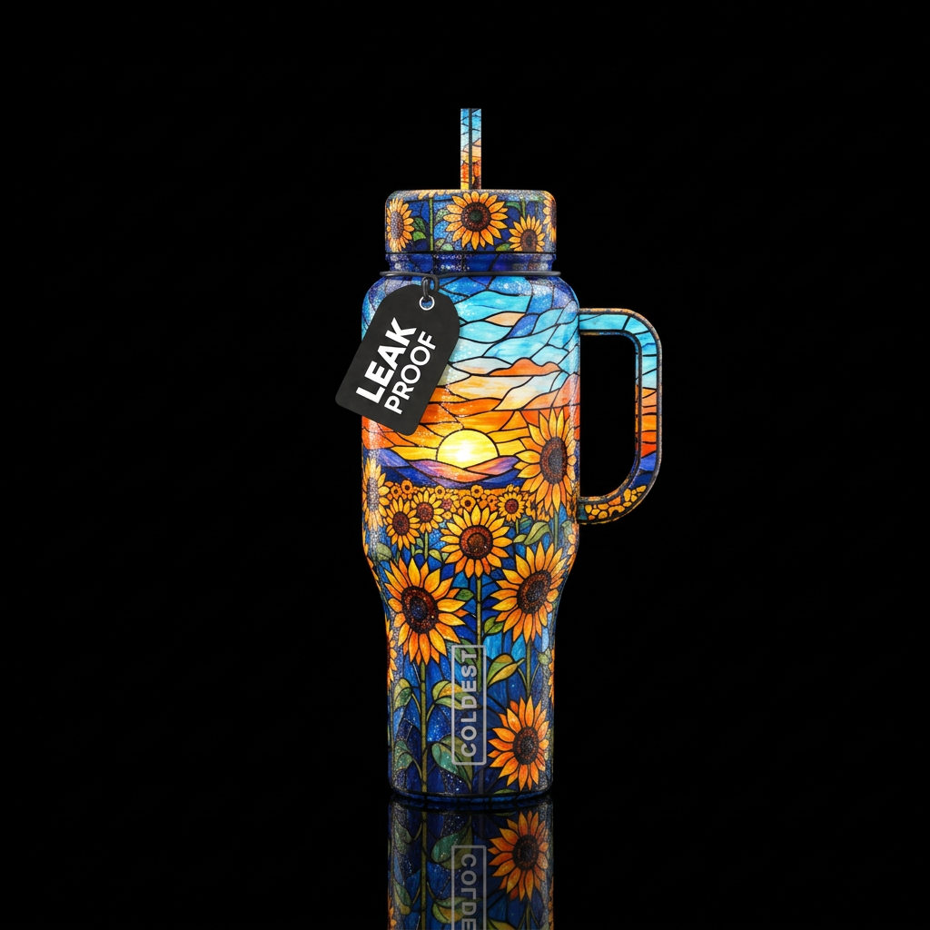 Stained glass, vibrant, shiny, sparkly, midnight b... water bottle design
