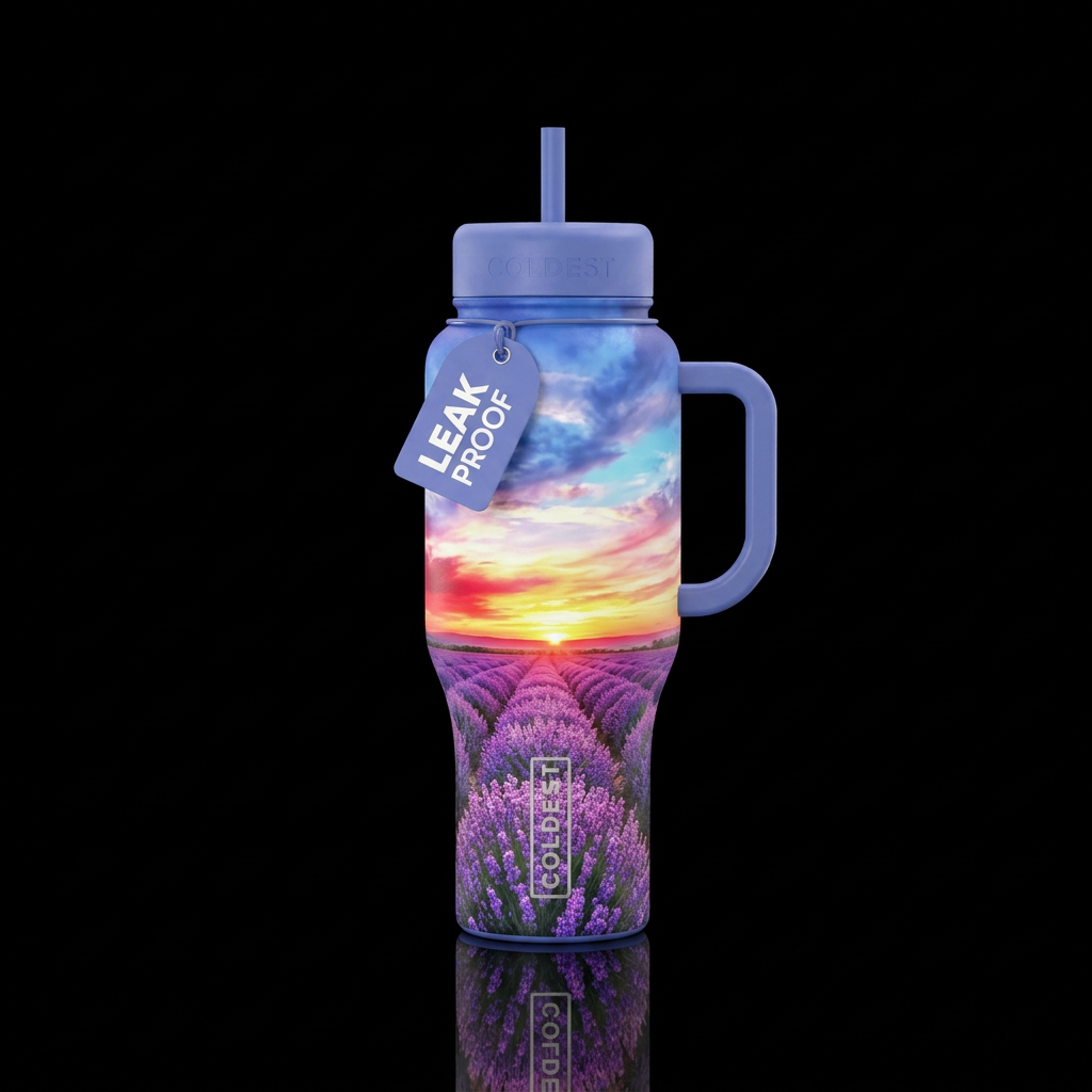 realism, lavender field, vibrant, beautiul, periwi... water bottle design