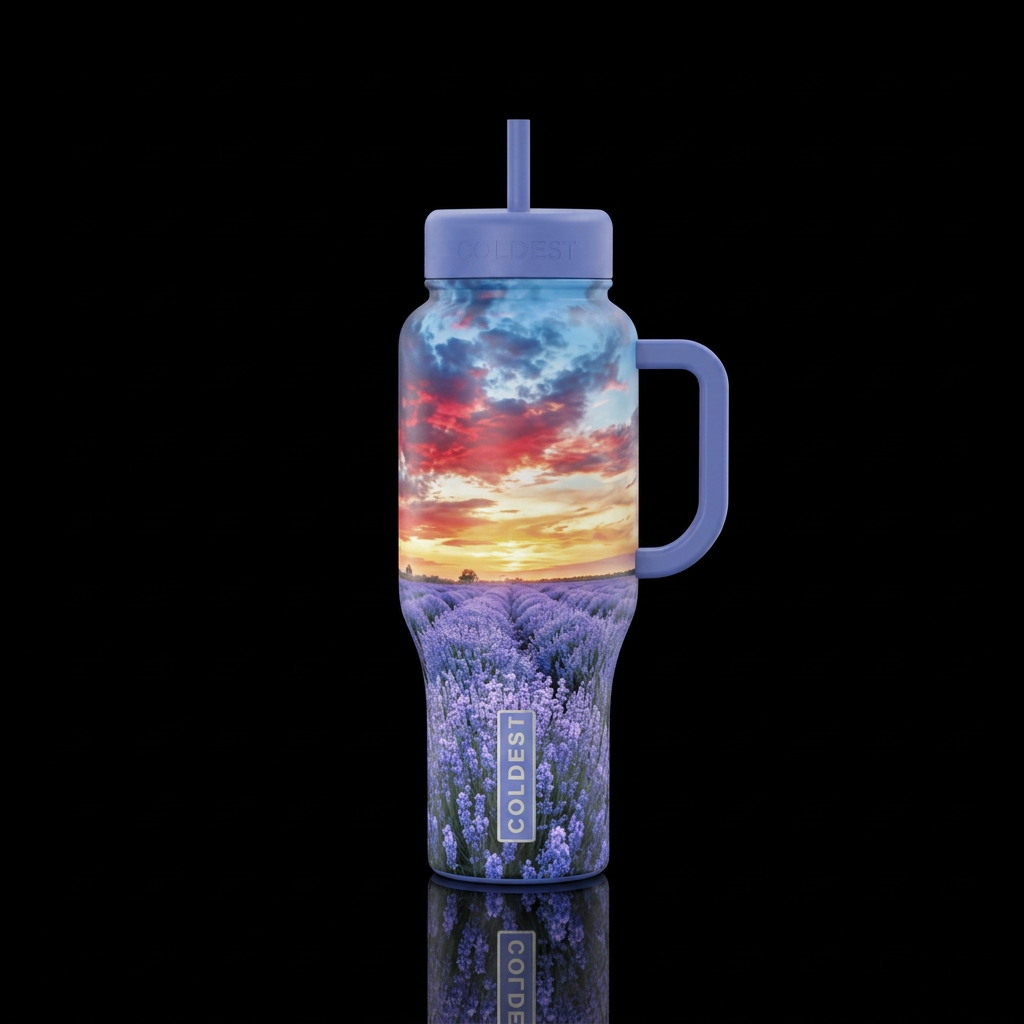 realism, lavender field, vibrant, beautiul, periwi... water bottle design
