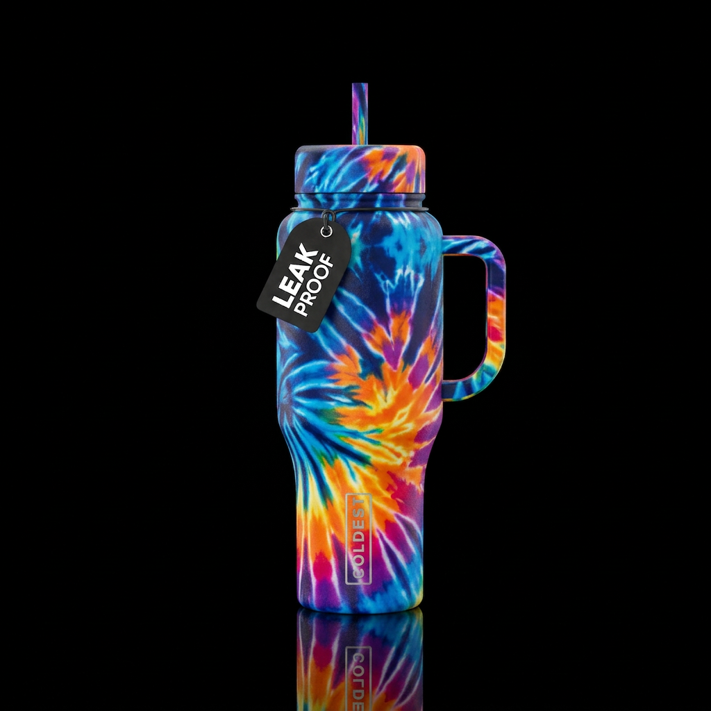Tye dye,, realism, vibrant, retro 80s, artistic wi... water bottle design