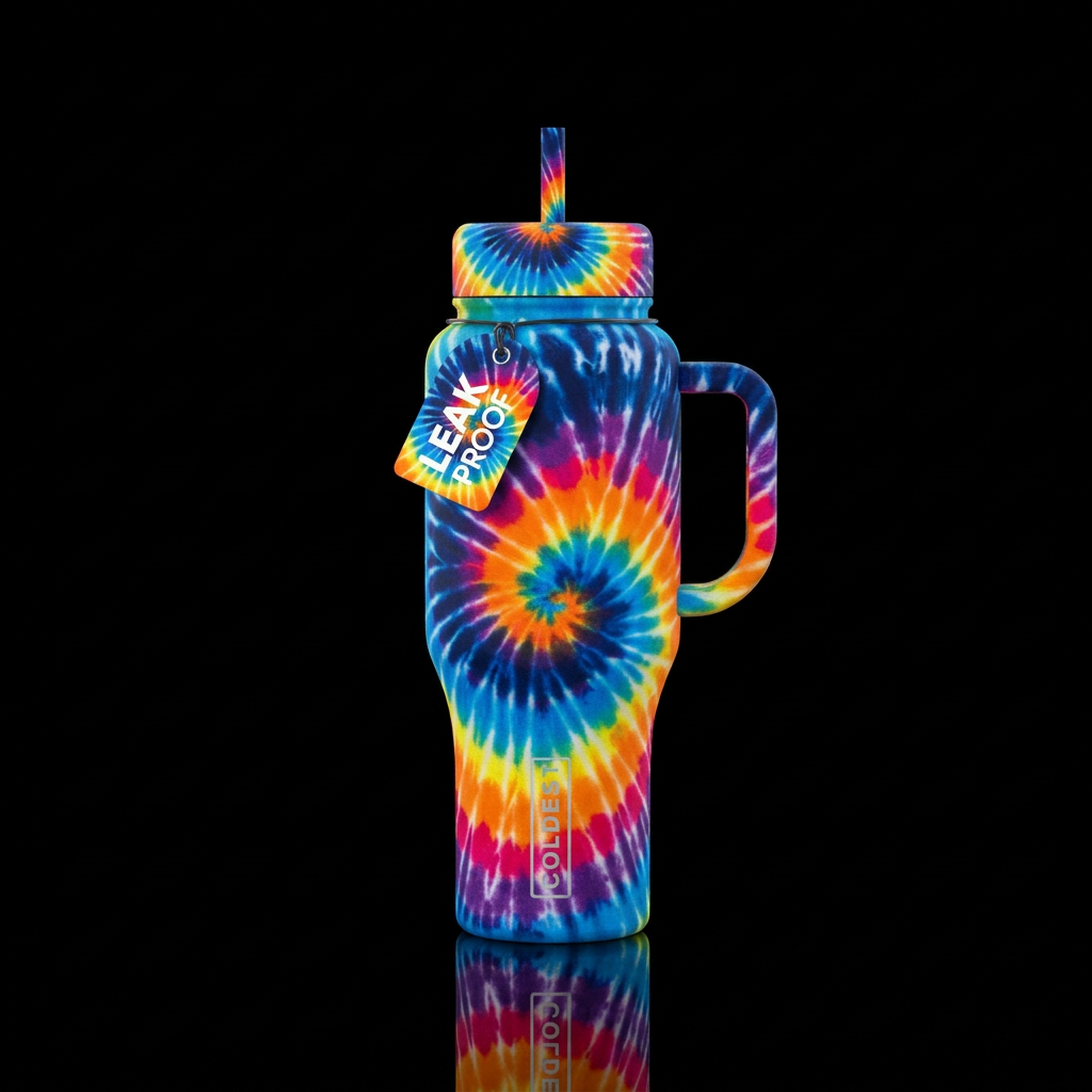 Tye dye,, realism, vibrant, retro 80s, artistic wi... water bottle design