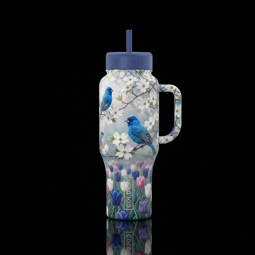 Indigo Buntings and Blue birds in dogwood trees, r... water bottle design