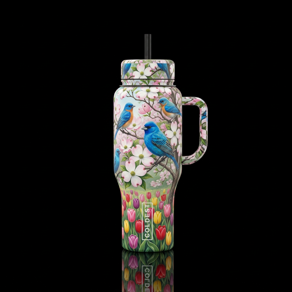 Indigo Buntings and Blue birds in dogwood trees, r... water bottle design