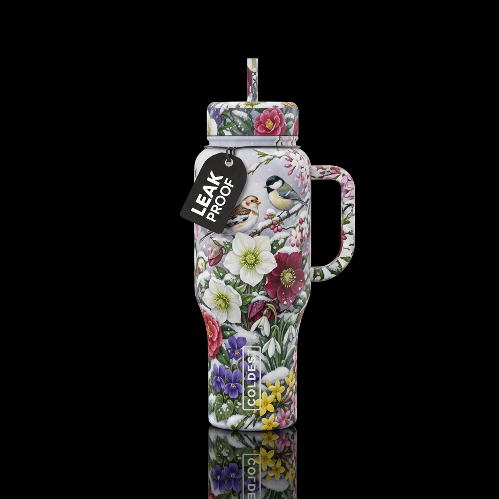 Christmas roses, camellias, snowdrops, violets, wi... water bottle design