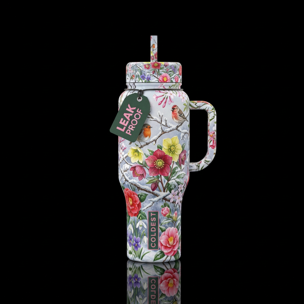 Christmas roses, camellias, snowdrops, violets, wi... water bottle design