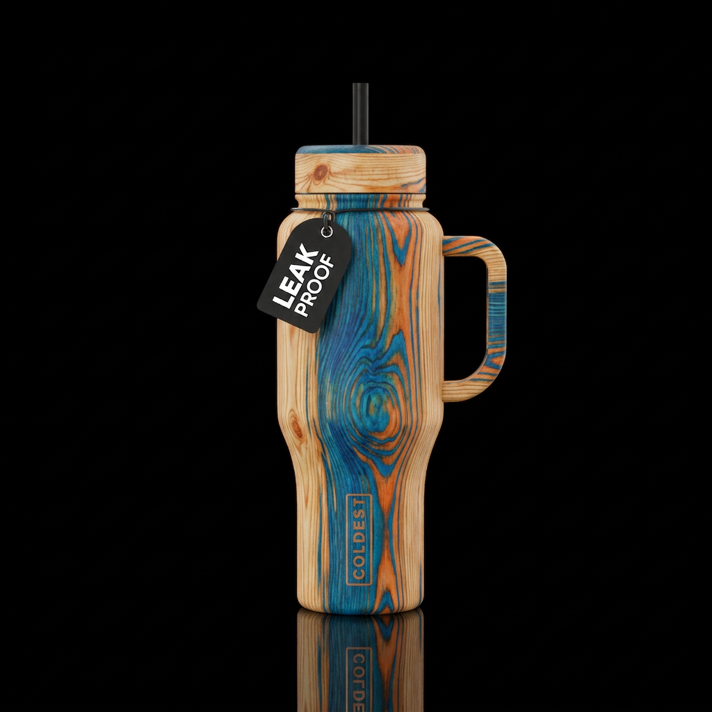 Pine wood with electric blue and vibrant orange wo... water bottle design