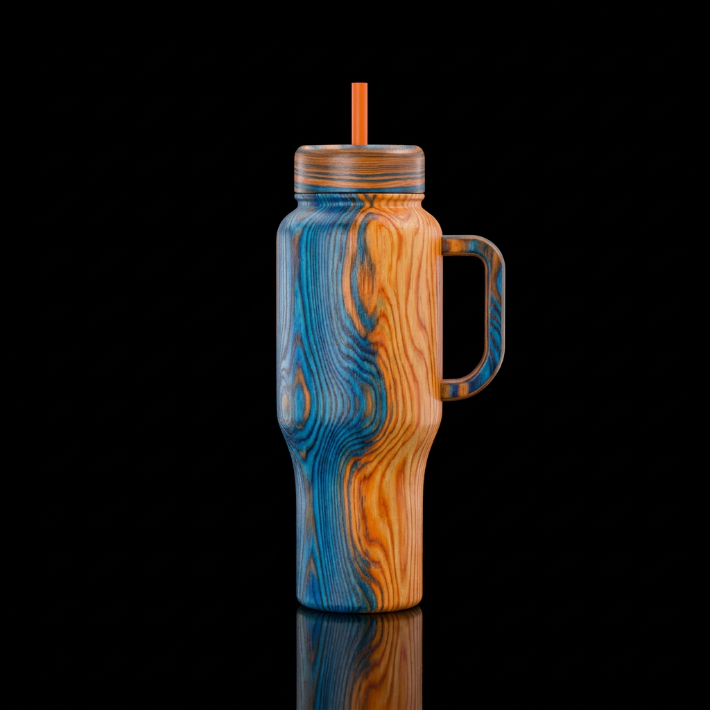 Pine wood with electric blue and vibrant orange wo... water bottle design