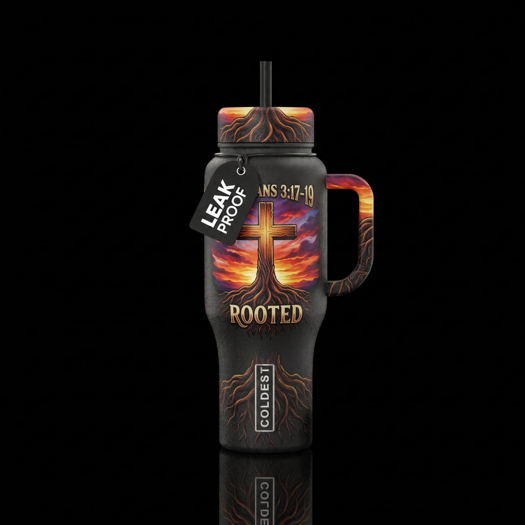 Wooden cross with roots coming out of the bottom w... water bottle design