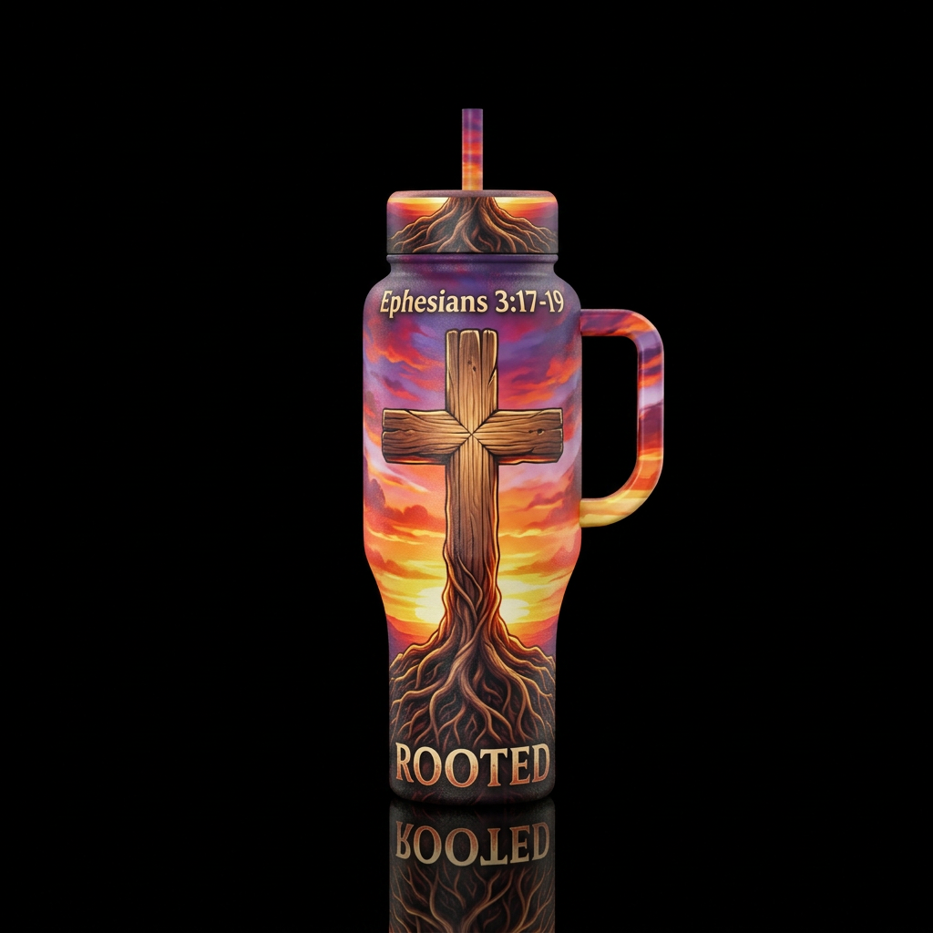 Wooden cross with roots coming out of the bottom w... water bottle design