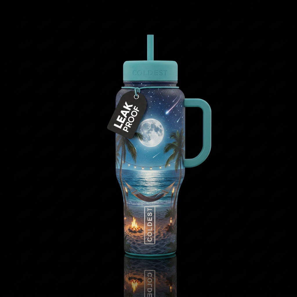 Beach ocean with full moon and shooting stars at n... water bottle design