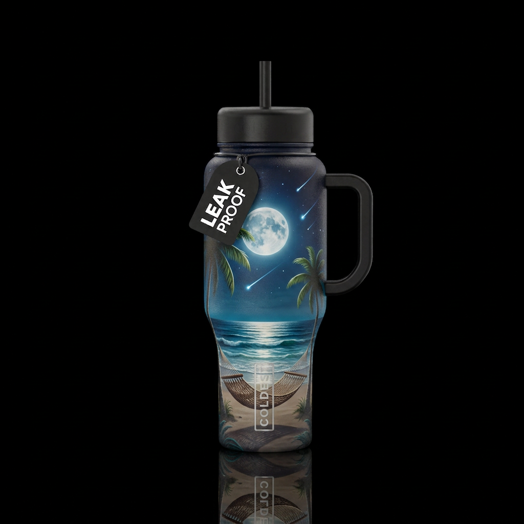 Beach ocean with full moon and shooting stars at n... water bottle design
