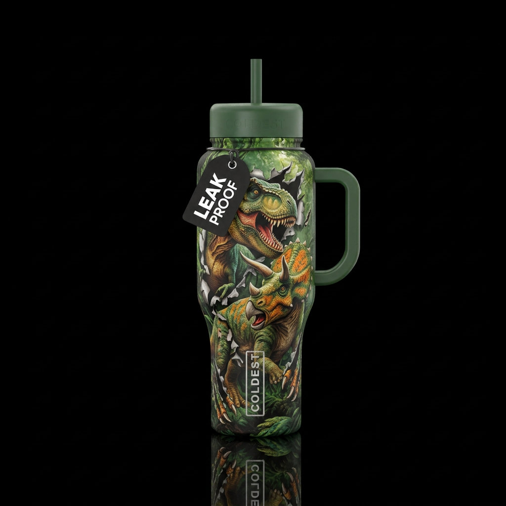 T Rex dinosaur and triceratops in jungle breaking ... water bottle design