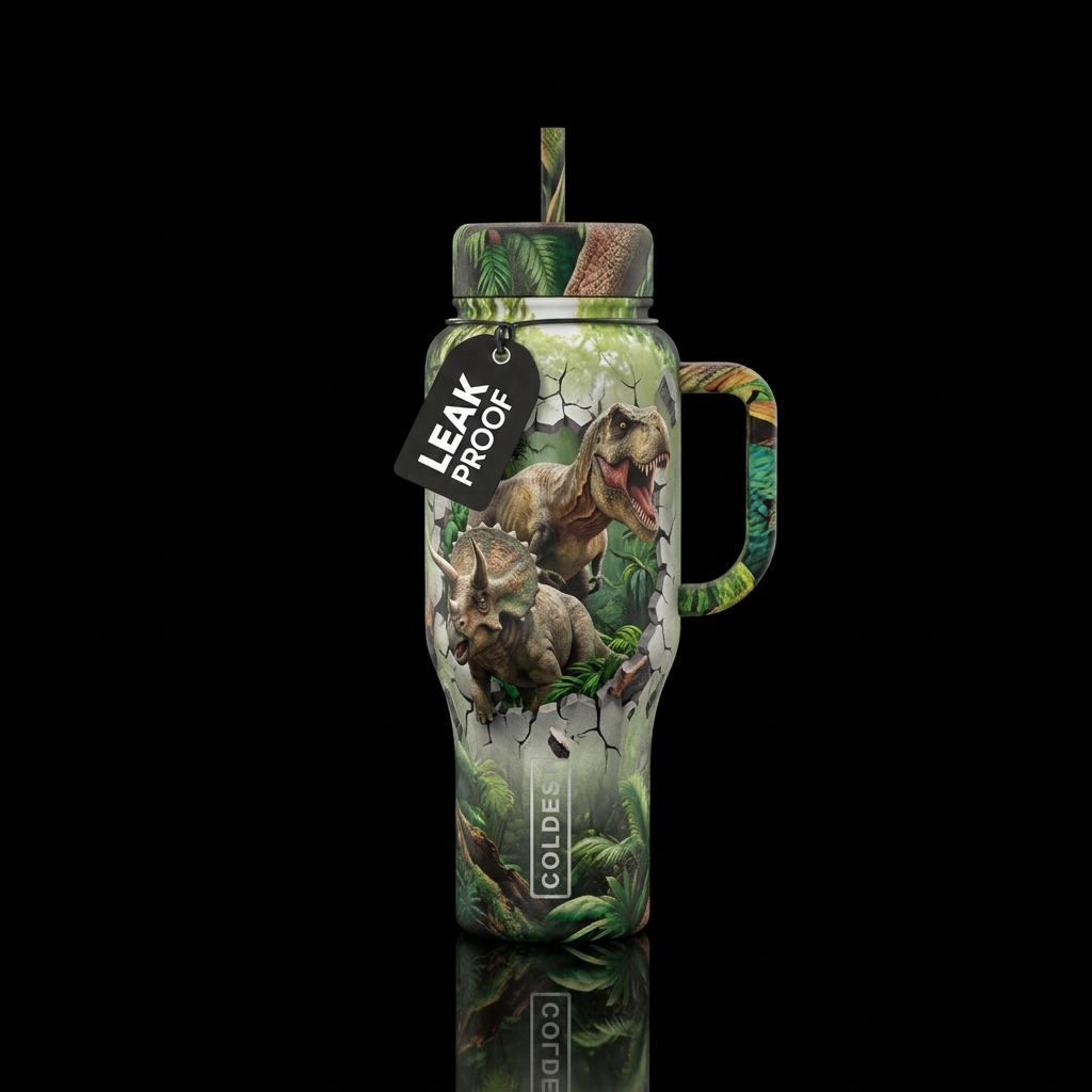 T Rex dinosaur and triceratops in jungle breaking ... water bottle design