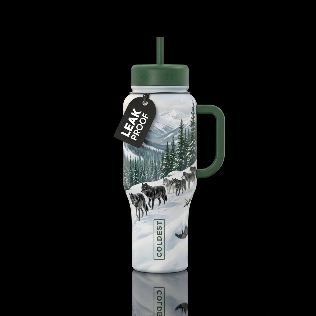 Black and grey wolves winter in mountains in snow,... water bottle design