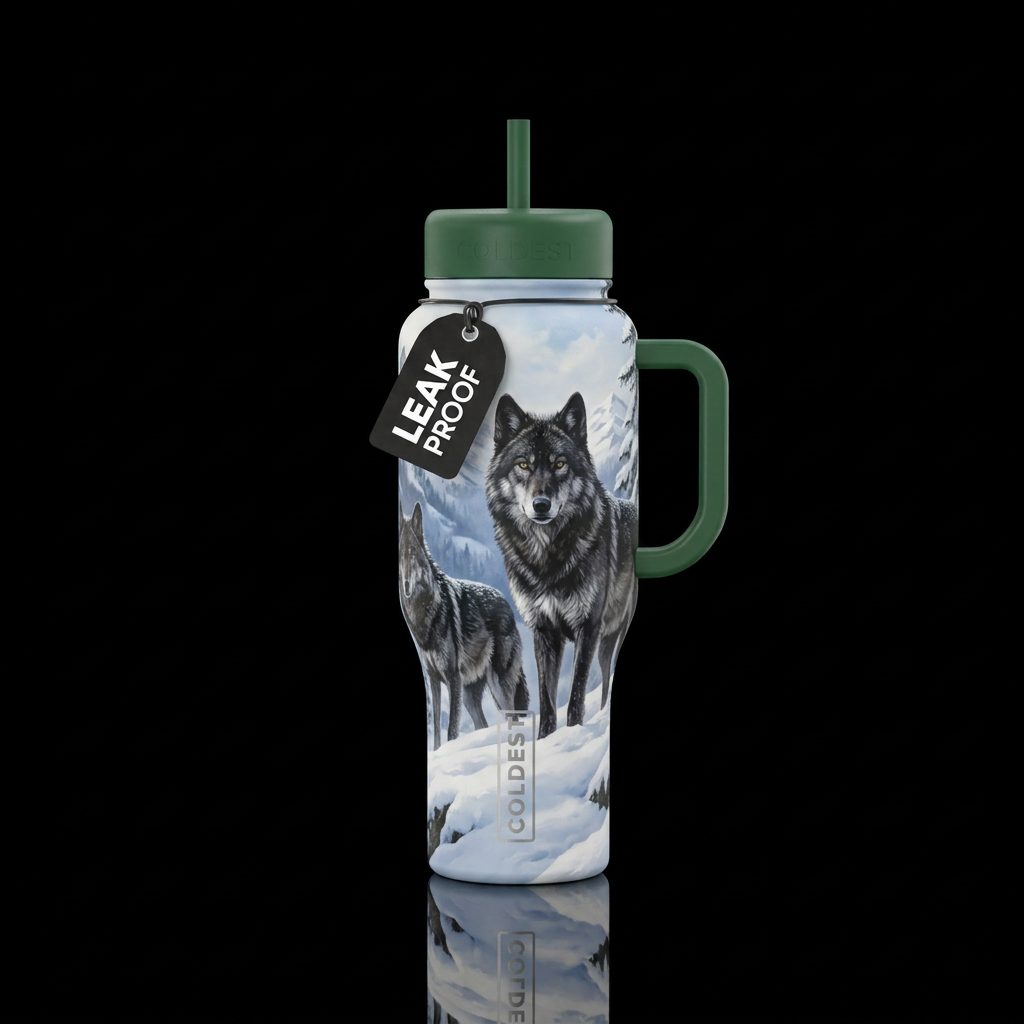 Black and grey wolves winter in mountains in snow,... water bottle design