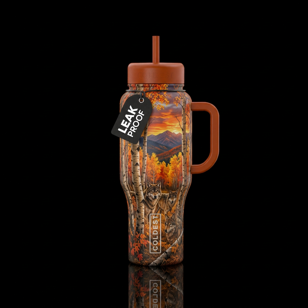 Realistic wolves camouflaged in birch trees in the... water bottle design
