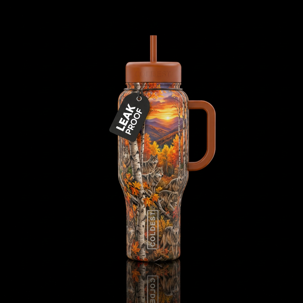 Realistic wolves camouflaged in birch trees in the... water bottle design